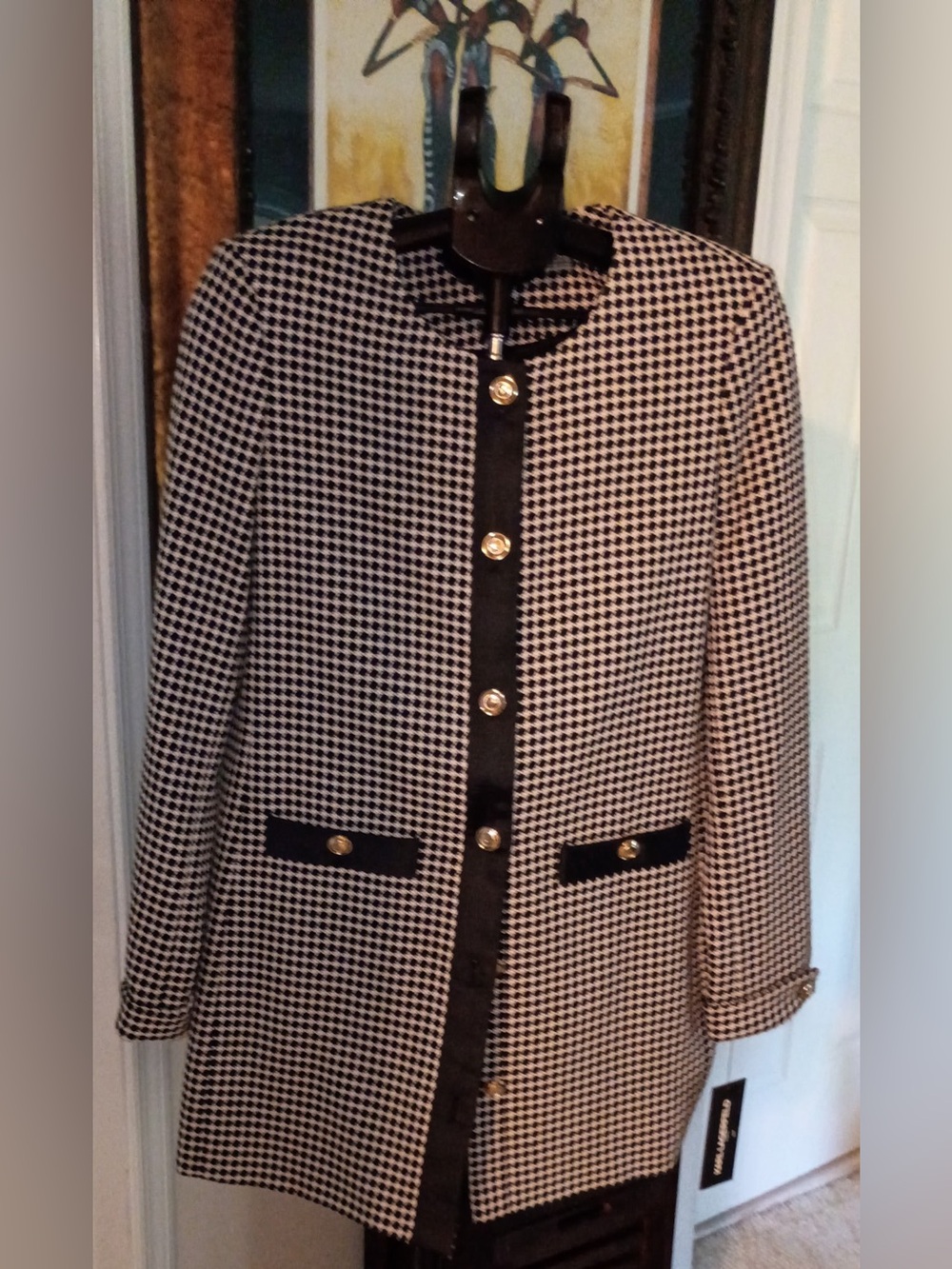 Karl Lagerfeld Black and White Houndstooth Blazer Coat with Gold Buttons